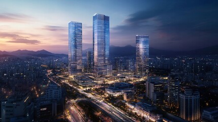 Obraz premium Cityscape Skyscrapers, sunset, highway, mountains, urban development