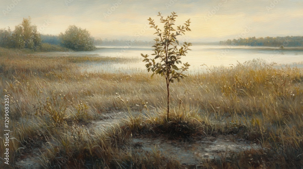Aufkleber a serene image of a freshly planted sapling in a peaceful meadow, with dew-covered grass and soft mo