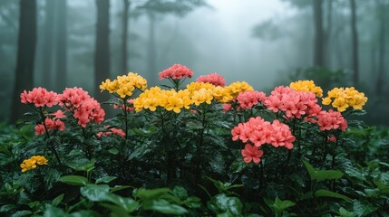Obraz premium Misty Forest Blooms Yellow And Pink Flowers