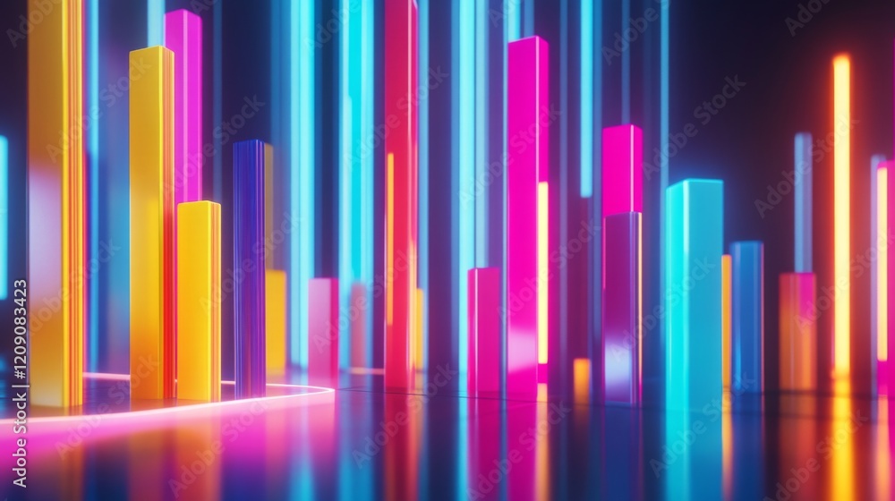 Poster a set of glossy d bars rising dramatically from a financial dashboard, with neon highlights and subt