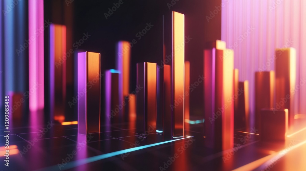 Poster a set of glossy d bars rising dramatically from a financial dashboard, with neon highlights and subt