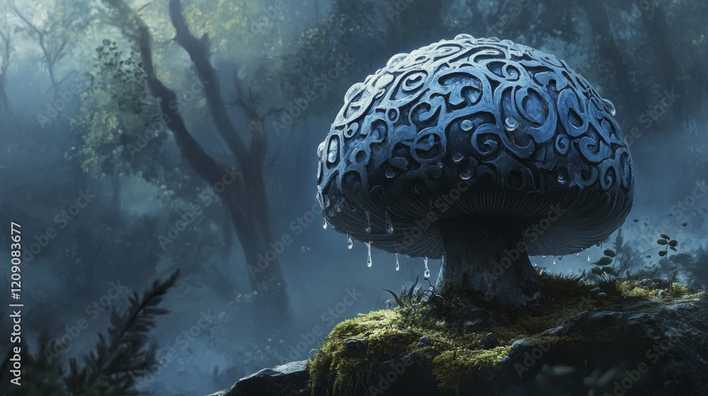 Aufkleber A single large mushroom with intricate patterns on its cap, adorned with droplets of water, placed on a mossy stone in a serene forest setting