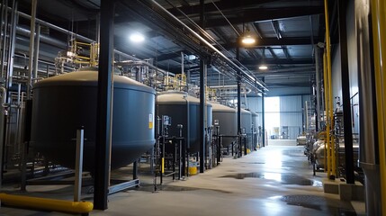 Industrial facility interior large tanks, pipes, processing