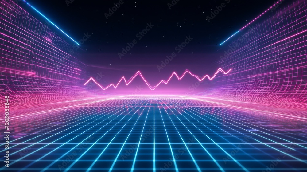 Poster A sleek D line graph with sharp, glowing edges and a steady upward trajectory, set against a futuristic digital grid background