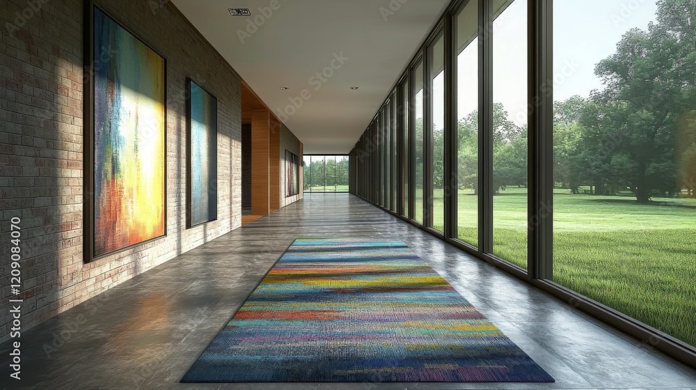 Poster a spacious modern hallway featuring sleek design elements, large windows allowing natural light to f