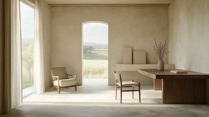 Fototapeta premium A spacious minimalist office with a wooden desk, a chair, and an open window letting in soft natural light, creating a serene and focused atmosphere