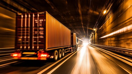 Trucking cargo through tunnel, fast speed, lights blur, global logistics
