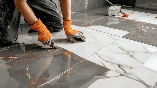 Tiler grouting marble bathroom floor, tools nearby
