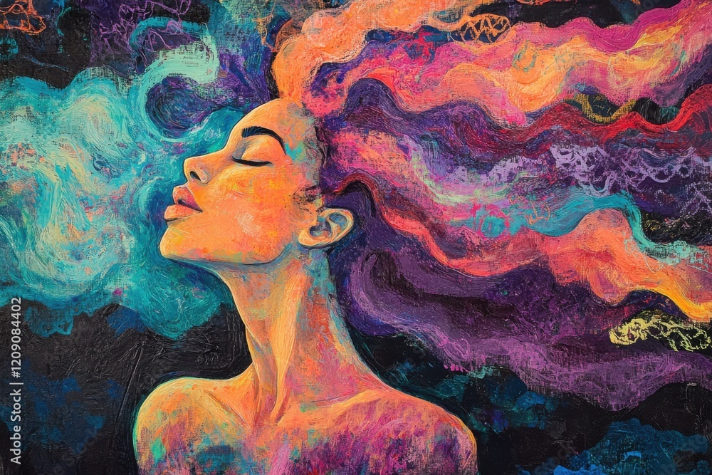 Poster fantasy portrait of a woman with glowing hair, utilizing vibrant colors and dynamic shapes to enhanc