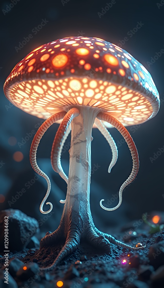 Poster luminous bioluminescent mushroom with intricate details in a dark fantasy forest setting, digitally 