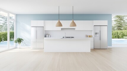 Fototapeta premium A spacious kitchen features a large island complemented by a generous window, enhancing the room's natural light and functionality.