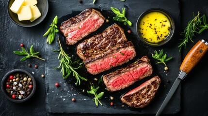 A top-down view of a sizzling steak on a cast iron skillet, with melted butter and herbs surrounding the perfectly seared meat