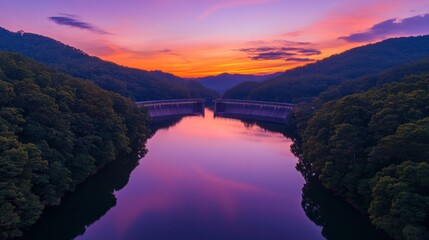 A tranquil sunset view of a reservoir dam, with warm hues of orange and purple reflecting on the water's surface, creating a peaceful atmosphere