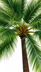 Obraz premium Lush Green Palm Tree with Detailed Fronds and Trunk Against a White Background, Vibrant Summer Vacation Paradise Theme, Tropical Nature Illustration