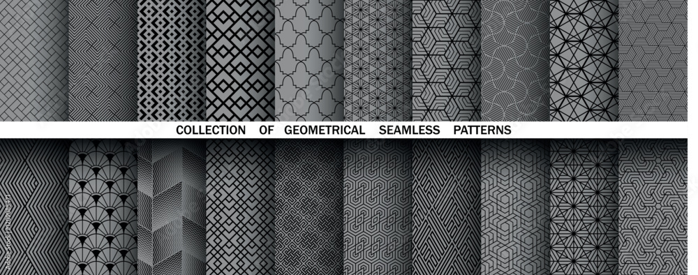 Fototapete Geometric set of seamless black and gray patterns. Simple vector graphics