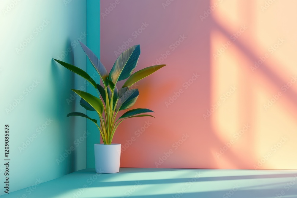 Poster minimalist interior with a single plant, utilizing vibrant colors and dynamic shapes to enhance dept