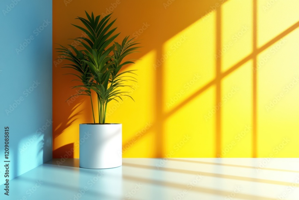 Poster minimalist interior with a single plant, utilizing vibrant colors and dynamic shapes to enhance dept