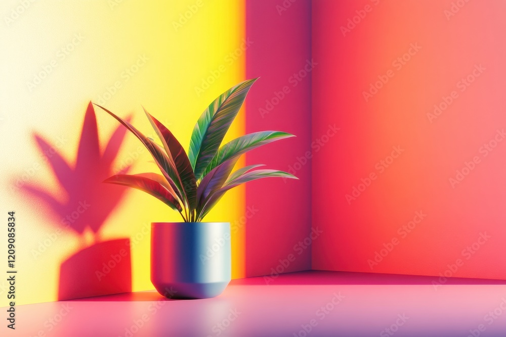 Poster minimalist interior with a single plant, utilizing vibrant colors and dynamic shapes to enhance dept