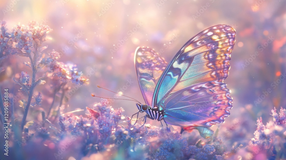 Poster A vibrant macro shot of a colorful butterfly resting on a flower, highlighting its delicate wings and intricate patterns in bright sunlight
