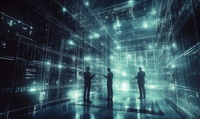 IT Engineers and Technician discussing technical problem in server room with data connection visual effect ., Generative AI