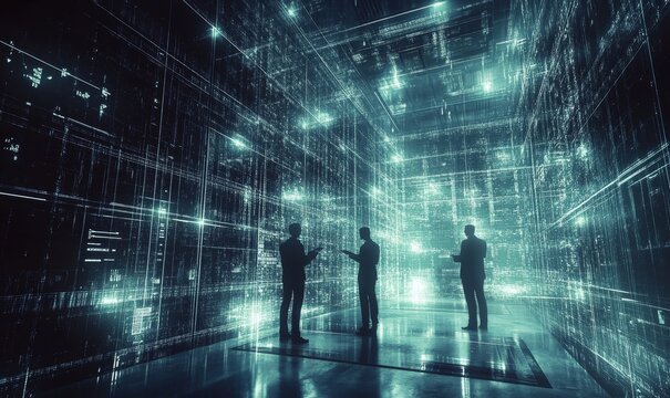 IT Engineers and Technician discussing technical problem in server room with data connection visual effect ., Generative AI