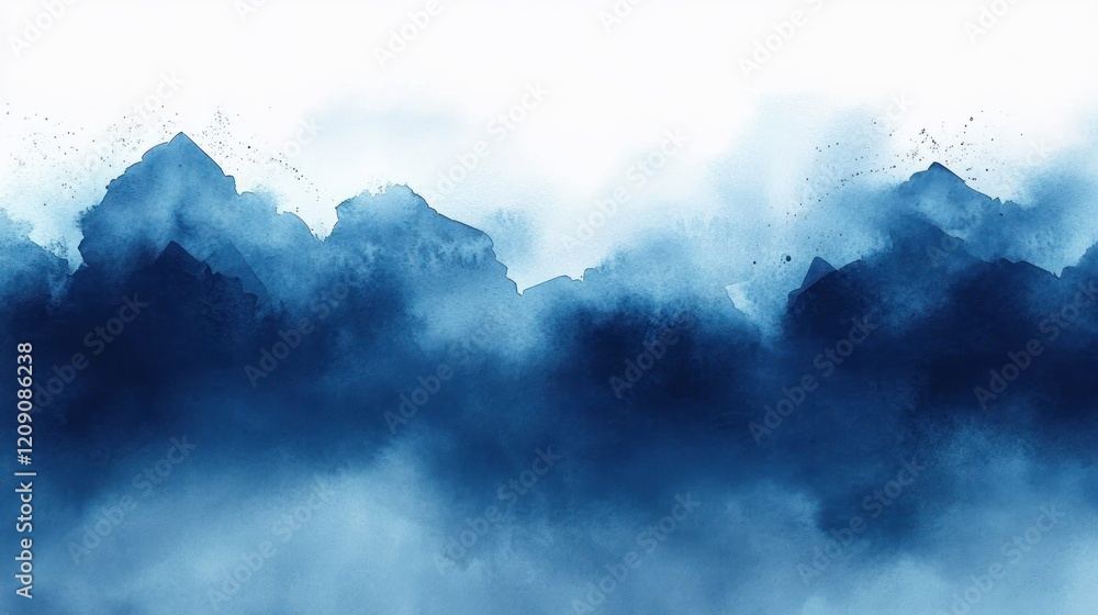 Poster deep blue abstract watercolor background with ocean waves and soft fog texture