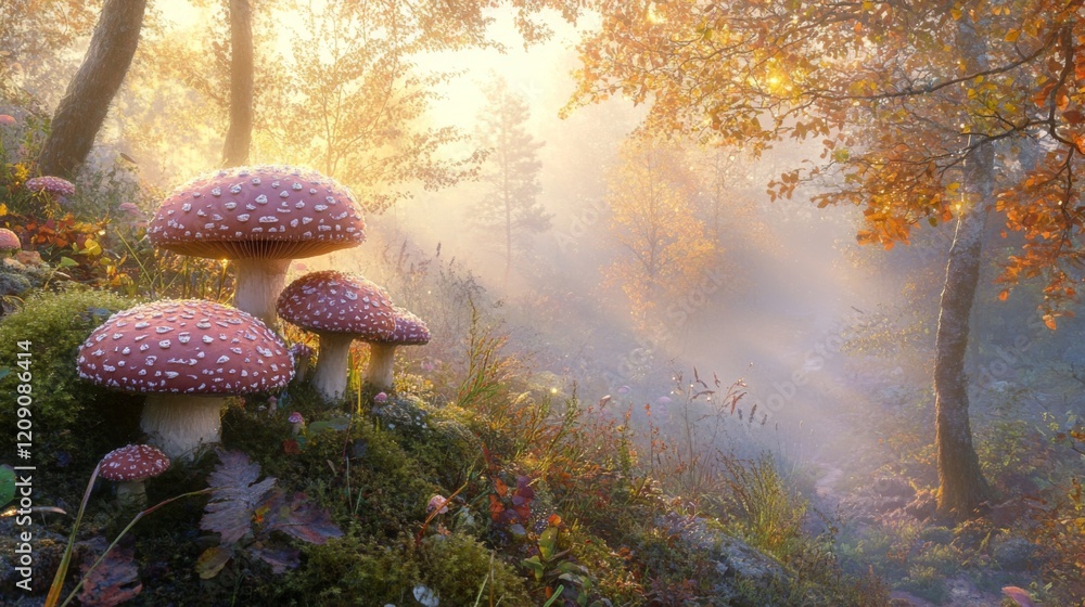 Poster a whimsical scene of mushrooms with sparkling dew in a misty forest, showcasing the magical atmosphe