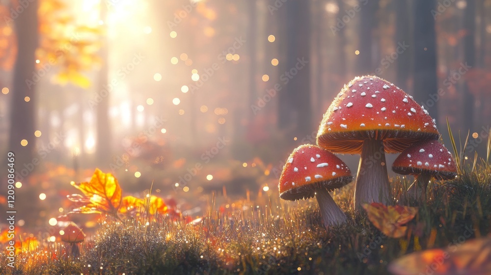 Poster a whimsical scene of mushrooms with sparkling dew in a misty forest, showcasing the magical atmosphe