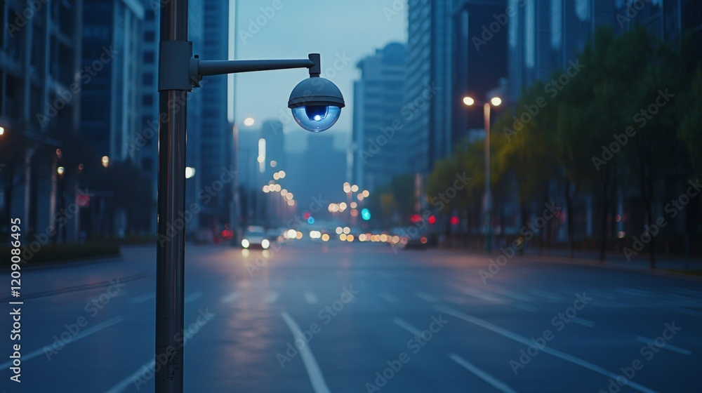 Aufkleber A wide-angle view of a CCTV camera on a pole near an empty intersection in a quiet business district, with minimal traffic and modern buildings in the background