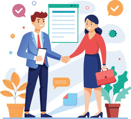 People shaking hands at work - Two businesspeople, man and woman doing handshake in office at work while smiling over business agreement and deal. Flat design stock illustration on white background