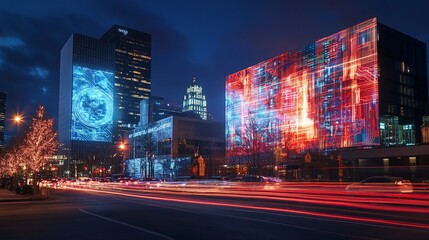 Cityscape night projection mapping futuristic buildings