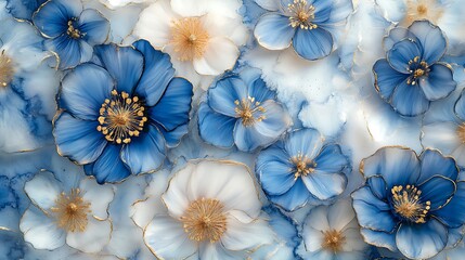 A seamless pattern of blue and white flowers with gold accents, created using alcohol ink, with a 3D, colorful, and vibrant appearance