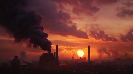 Black smoke slowly dispersing into the atmosphere from a factory stack, mixing with a dramatic sunset sky filled with deep orange and purple hues