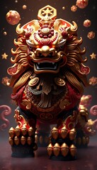 Fototapeta premium Majestic Red and Gold Chinese Guardian Lion Digital Illustration