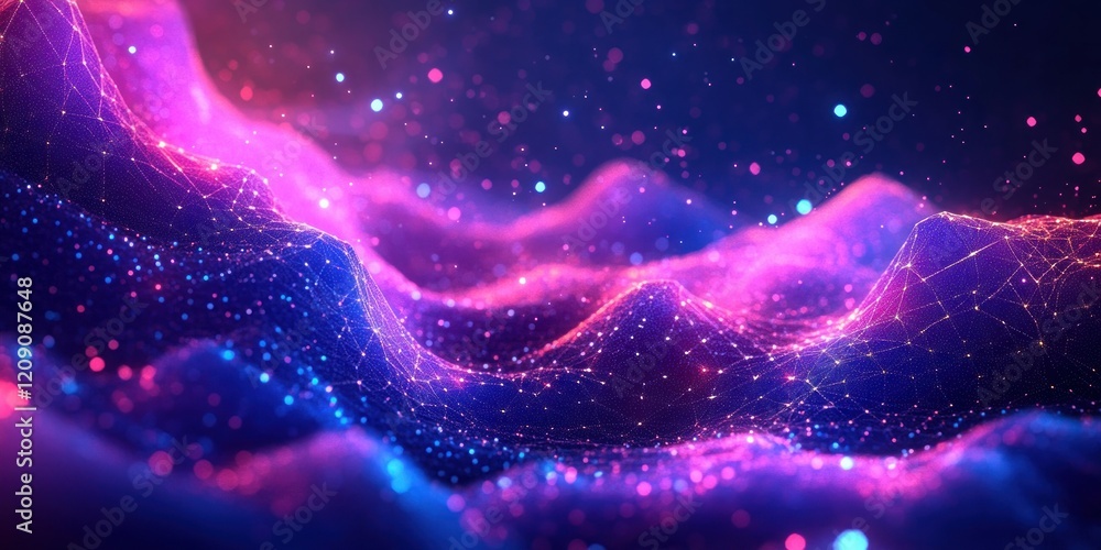 Poster futuristic neon network digital landscape with interconnected polygons and dynamic movement