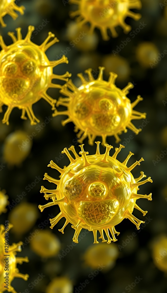 Poster microscopic view of a golden virus particle, detailed 3d rendering of a viral infection, illustratin