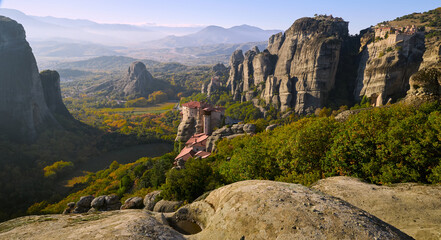 Panorama of Meteora landscape with monastery in Greece