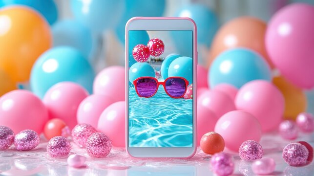 Colorful Summer Pool Party Theme with Vibrant Balloons and Sunglasses Reflected on Smartphone, Celebrating Fun and Joyful Moments in Bright Settings