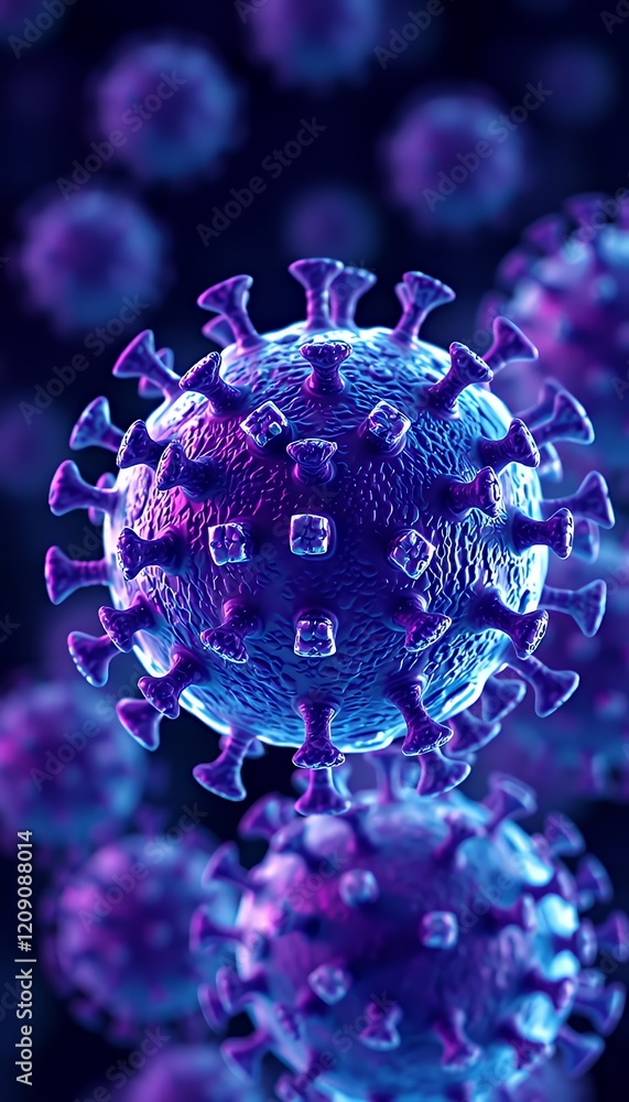 Poster microscopic view of a virus particle: a 3d rendering of a viral infection in a dark, abstract backgr