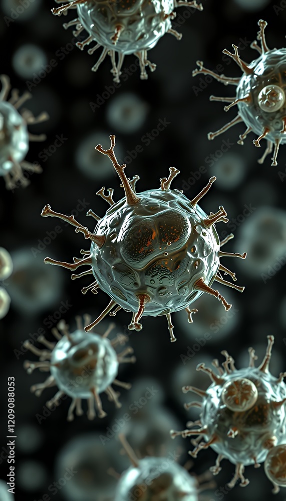 Poster microscopic view of a virus: detailed 3d rendering of viral structure and morphology, dark backgroun