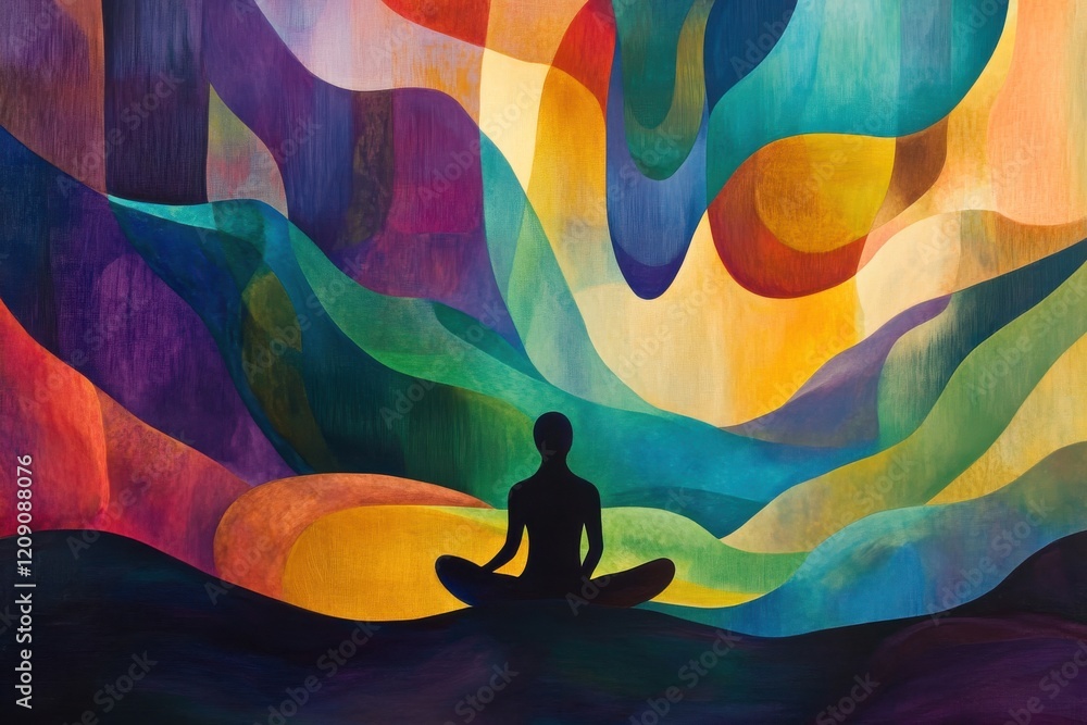 Poster yoga practitioner in a serene setting, utilizing vibrant colors and dynamic shapes to enhance depth 