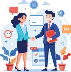 People shaking hands at work - Two businesspeople, man and woman doing handshake in office at work while smiling over business agreement and deal. Flat design stock illustration on white background
