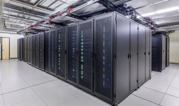 Abstract of modern high tech internet data center room with rows of racks with network and server hardware., Generative AI