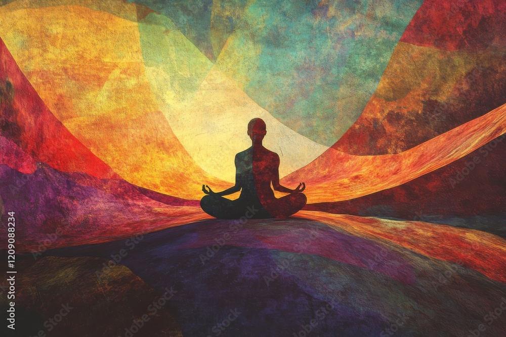 Poster yoga practitioner in a serene setting, utilizing vibrant colors and dynamic shapes to enhance depth 