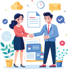 People shaking hands at work - Two businesspeople, man and woman doing handshake in office at work while smiling over business agreement and deal. Flat design stock illustration on white background