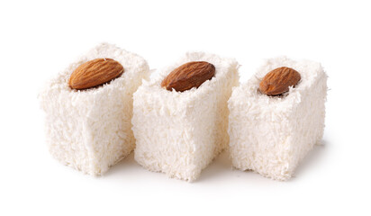 Delightful coconut sweets topped with almonds, perfect for celebrations and gatherings