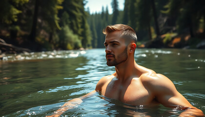 Fototapeta premium a handsome muscular man in the river