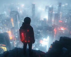 Person on cliff overlooking futuristic city at night.