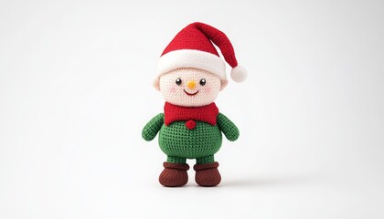 Obraz premium Adorable handmade elf doll with a red hat and green outfit, set against a neutral background for festive decor