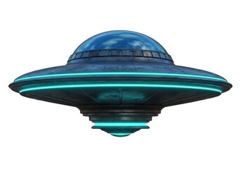 Futuristic UFO spaceship with a metallic blue dome and glowing base, isolated on white background
